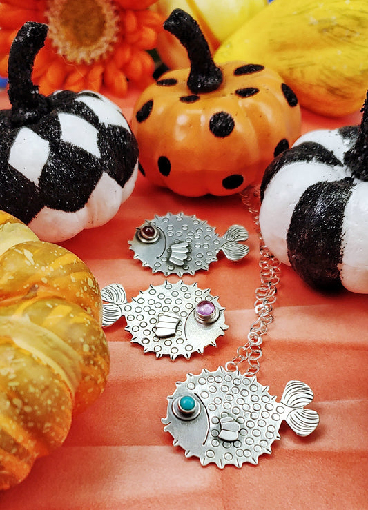 Puffer fish necklaces and pumpkins