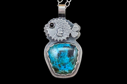Sterling silver puffer fish with chrysocolla
