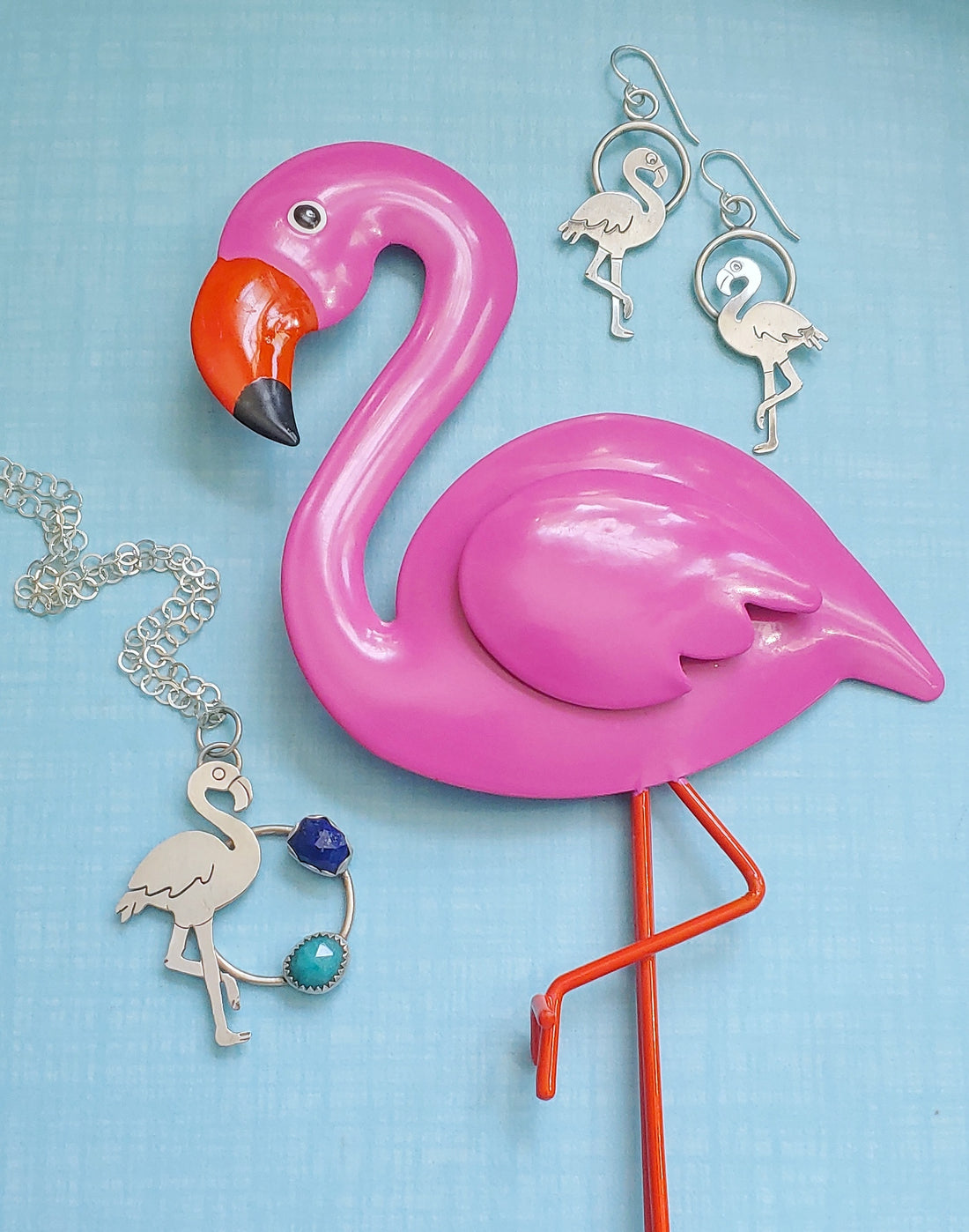 Michael's pink flamingo and sterling silver and gemstone flamingo necklace and earrings