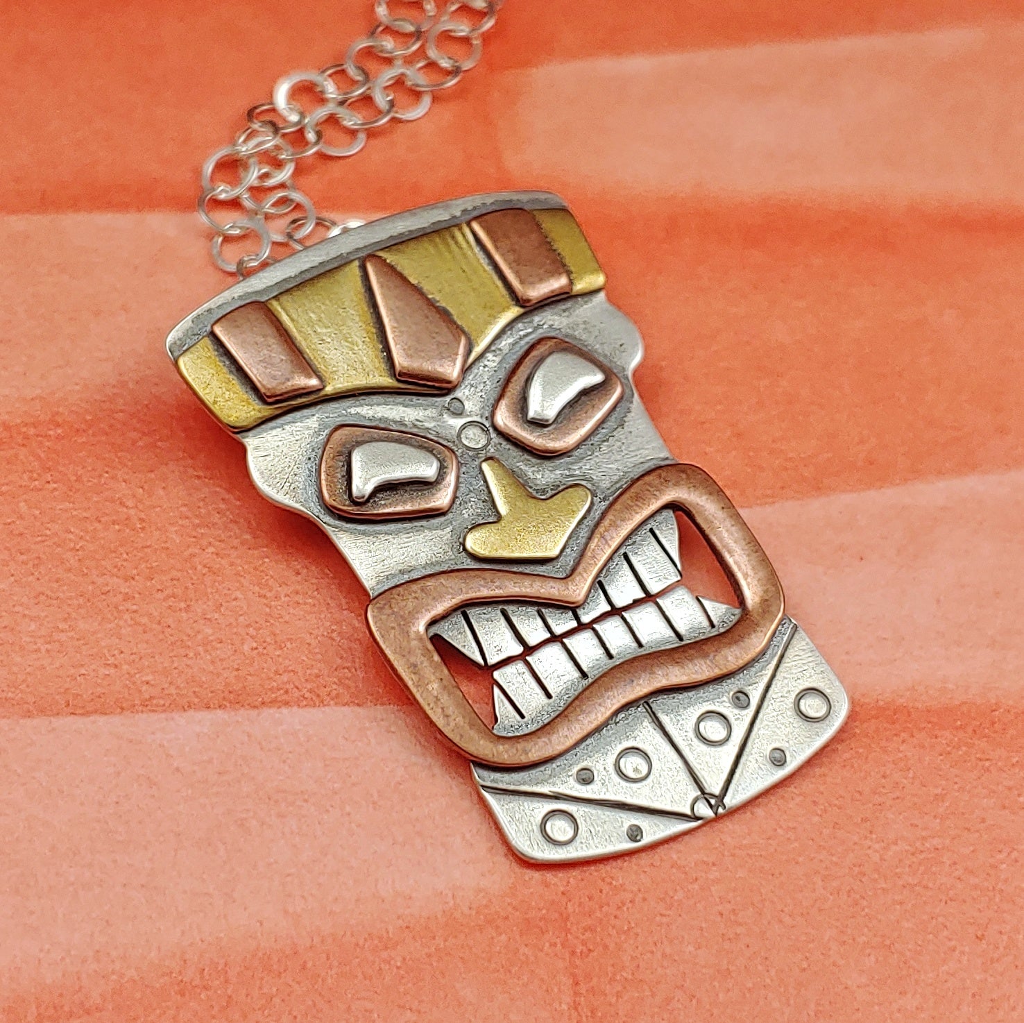 Moai Head Necklce with Flowers Handmade in Sterling Silver, Copper, and Brass