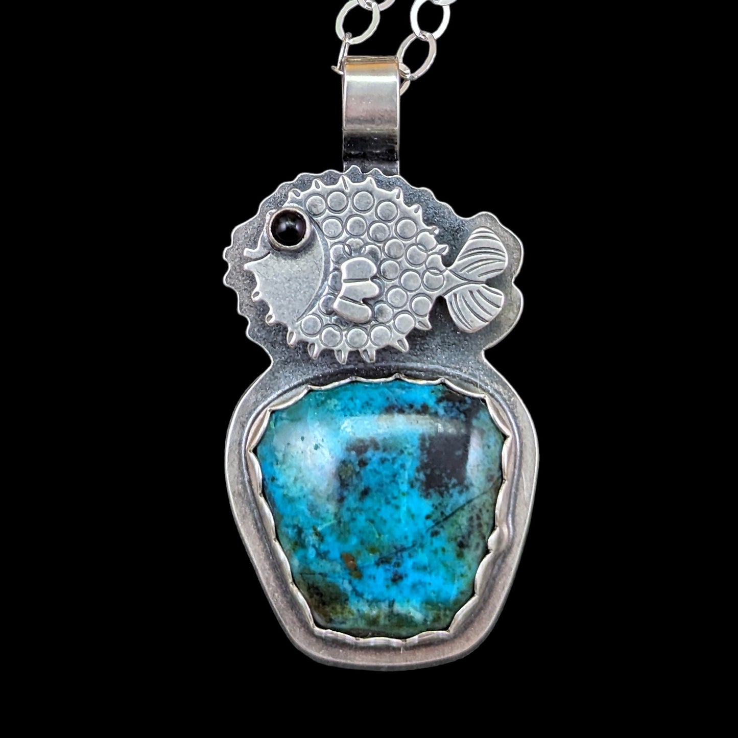 Chrysocolla puffer fish necklace
