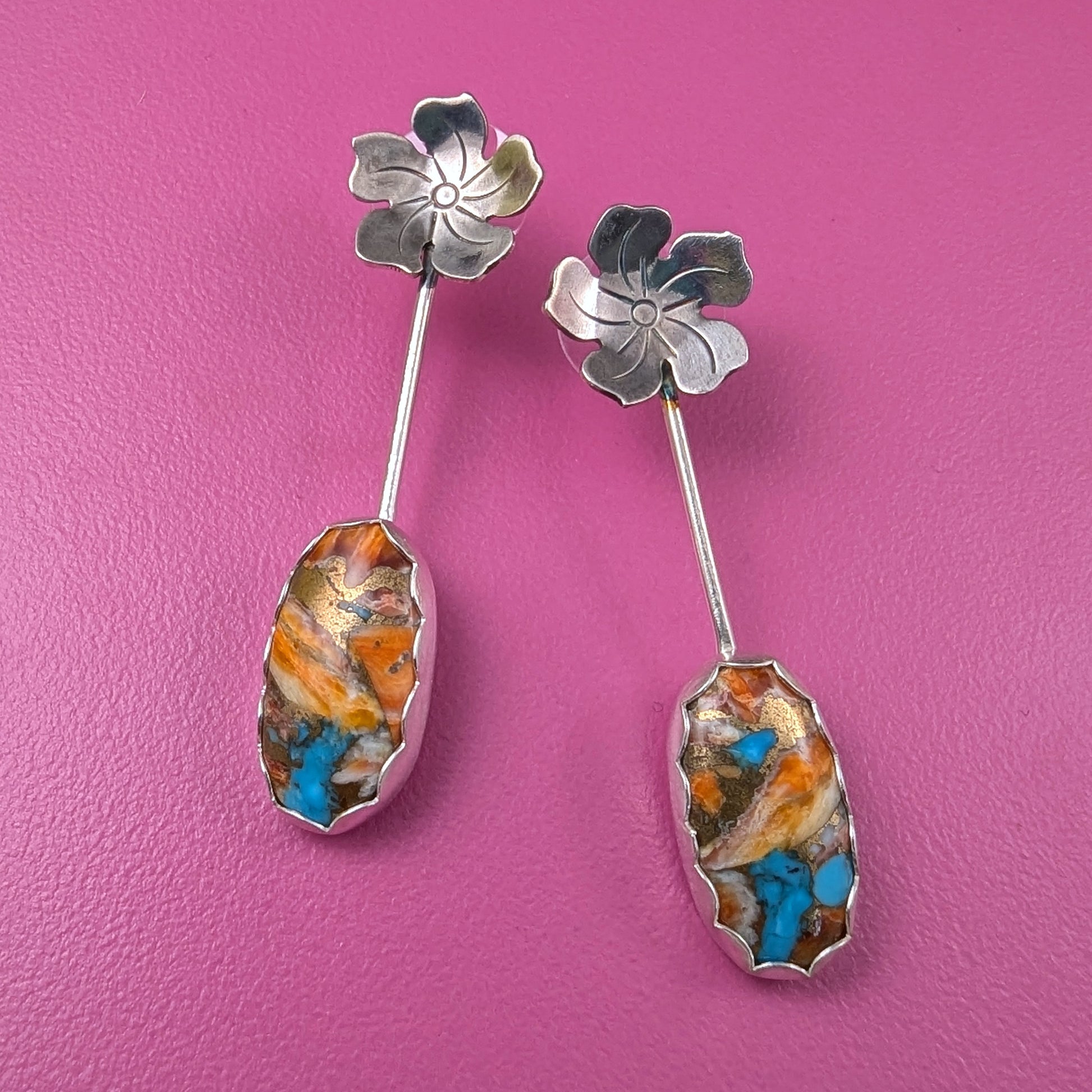 American mosaic turquoise sterling silver earrings with flowers