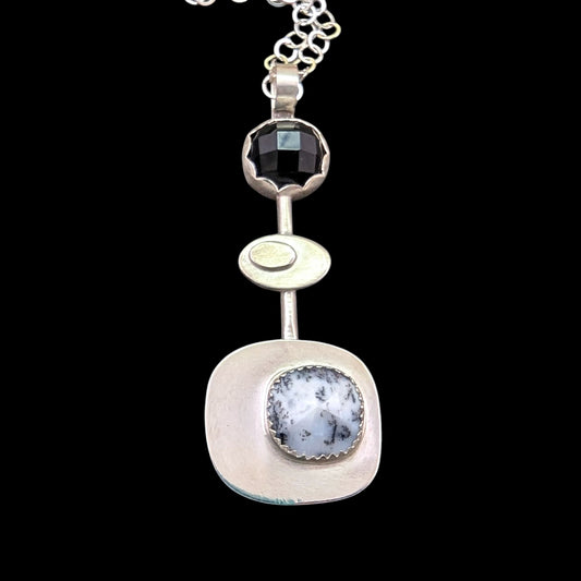 Rosecut onyx and dendritic opal sterling silver necklace