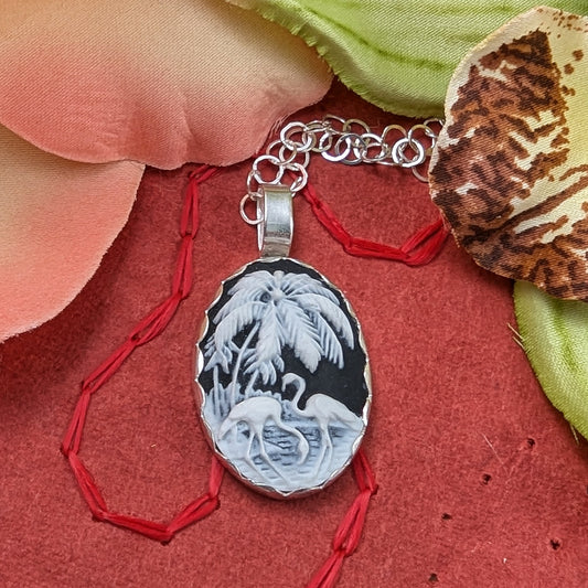 Black and white flamingo cameo Tiki necklace handmade in sterling silver