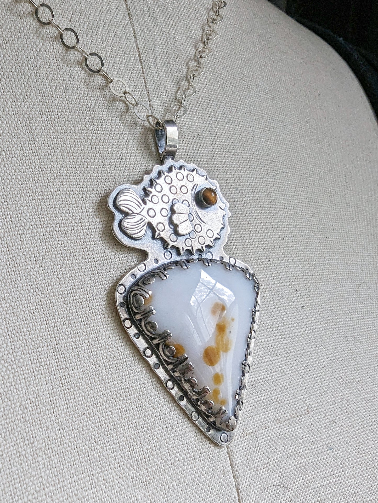 Sterling silver puffer fish necklace with gemstone