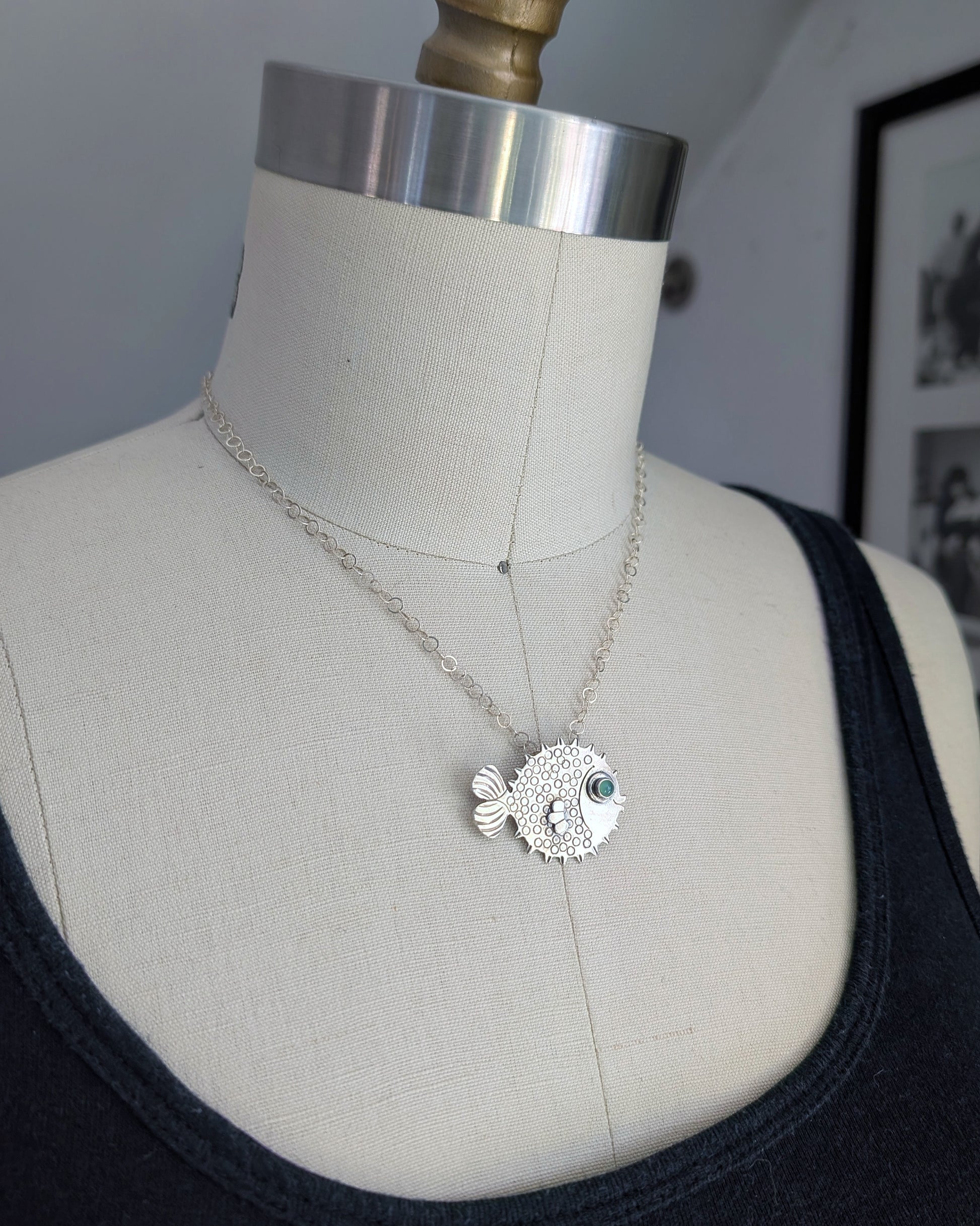 Blowfish necklace in sterling silver with a green chrysoprase eye