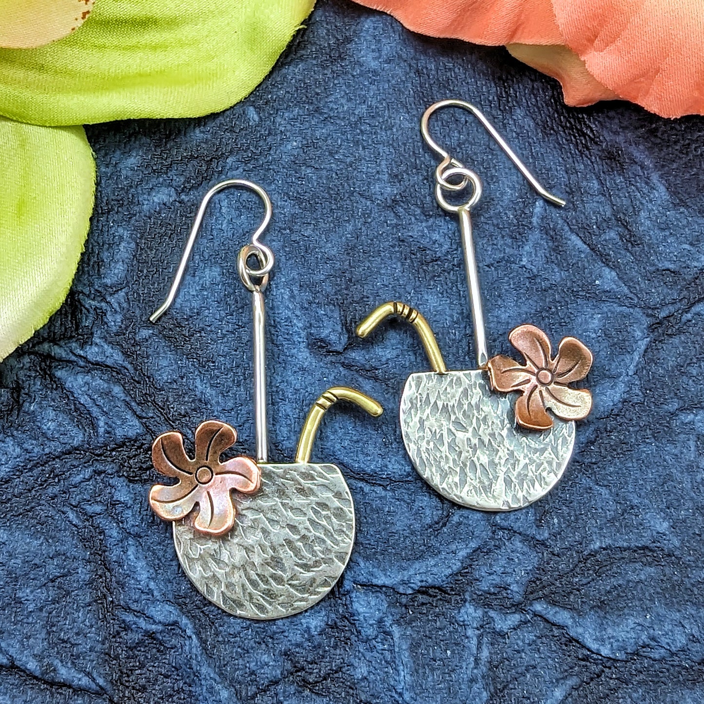Coconut earrings in sterling silver with brass straws and copper coconuts