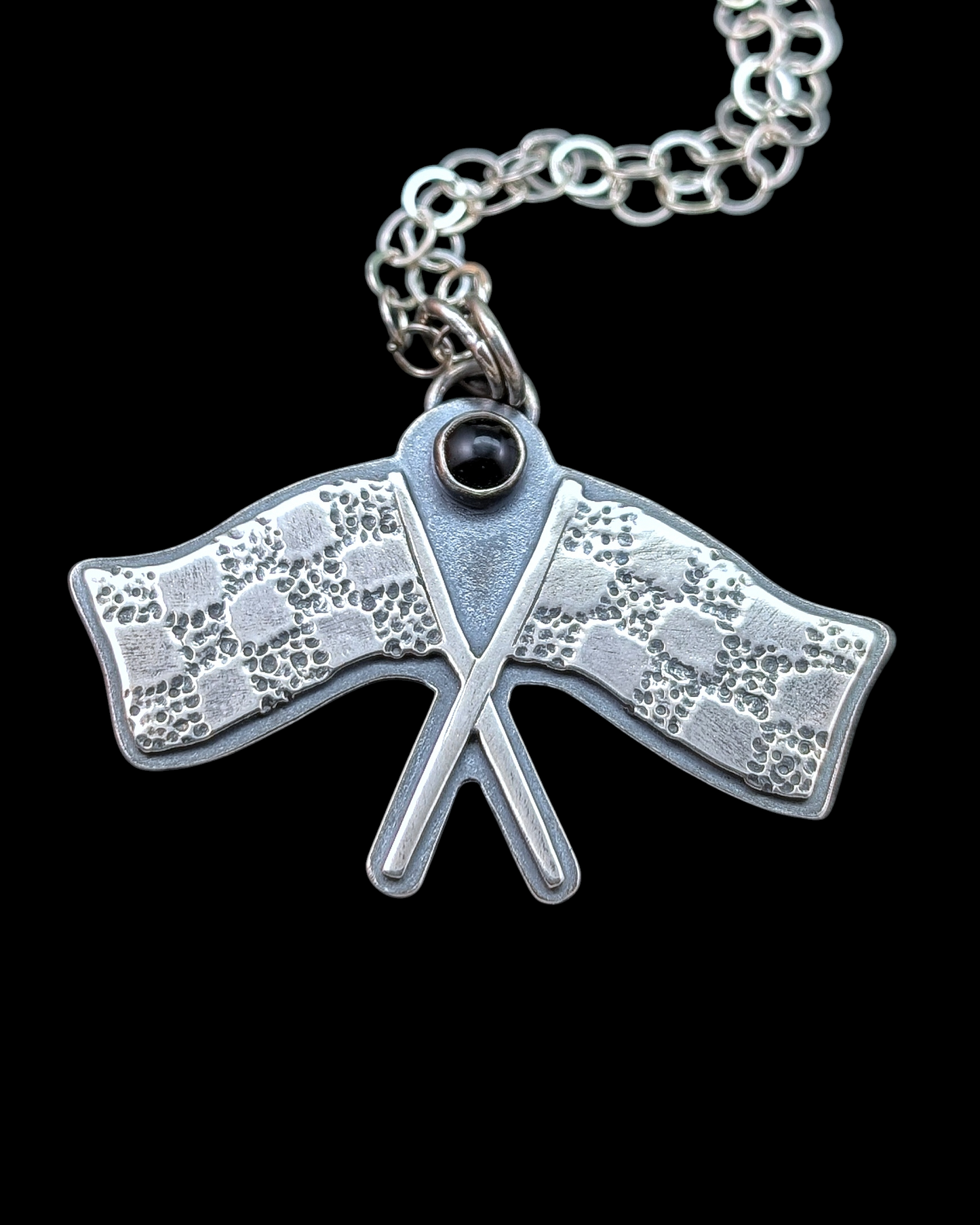 Crossed flags drag racing necklace with onyx