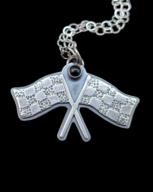 Crossed flags drag racing necklace with onyx
