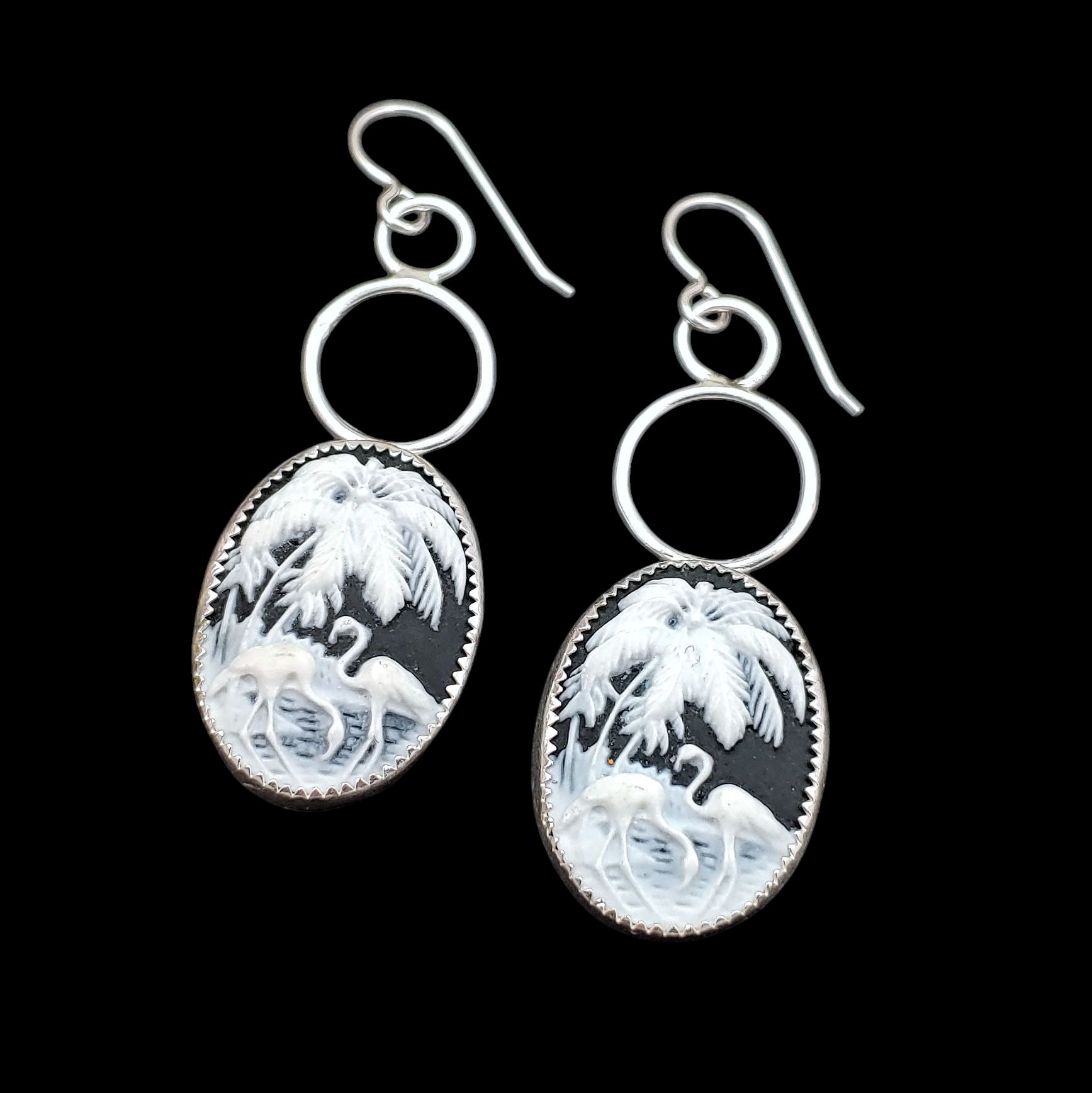 Handmade black and white flamingo cameo earrings made in sterling silver.