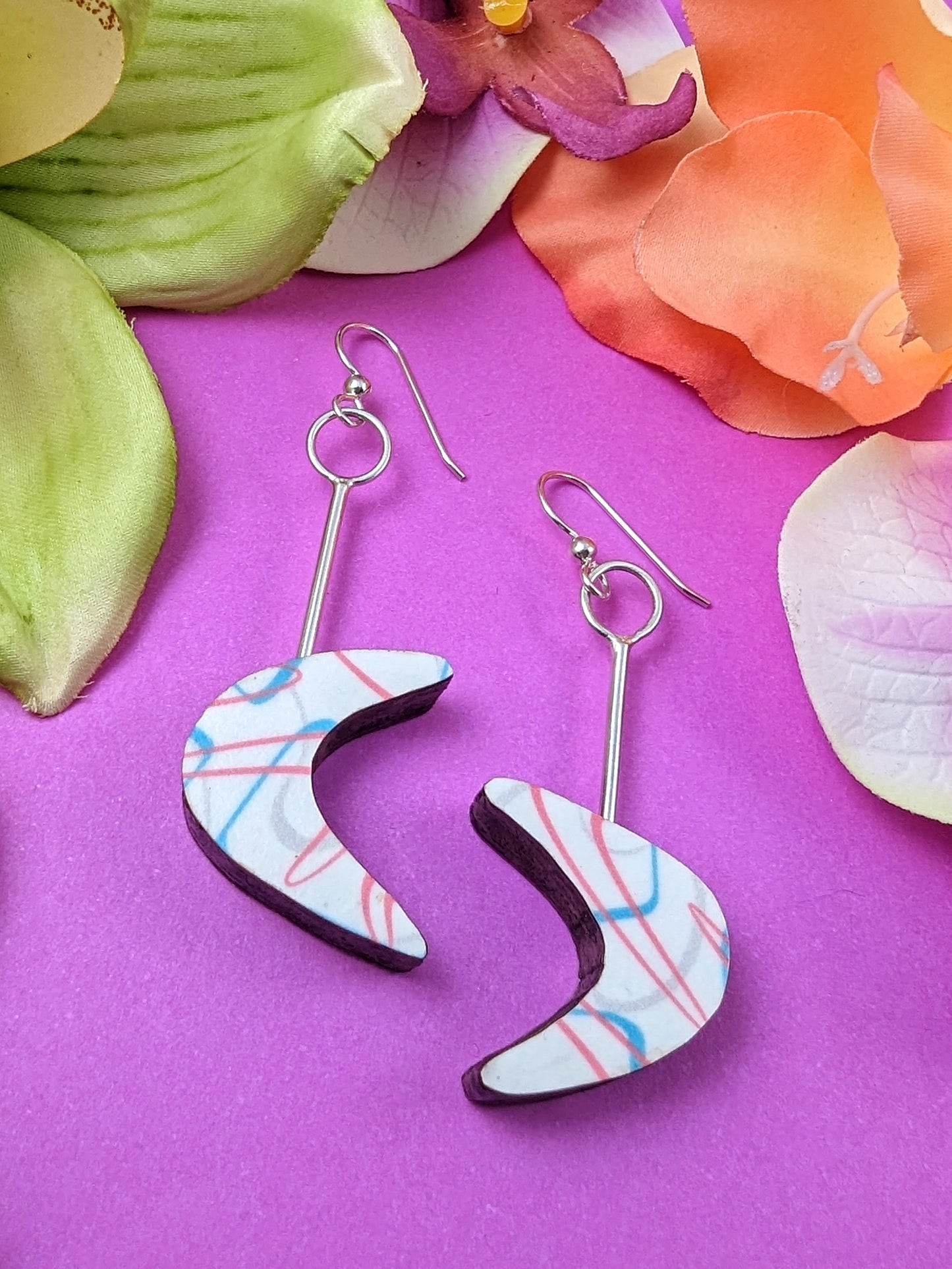 Boomerang Laminate Earrings - Pink/White/Turquoise