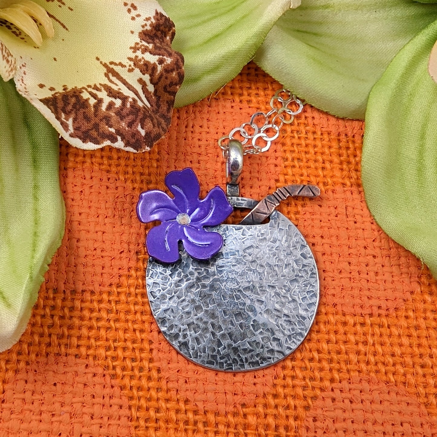 Coconut Drink Necklace - Sterling Silver w/Purple Flower