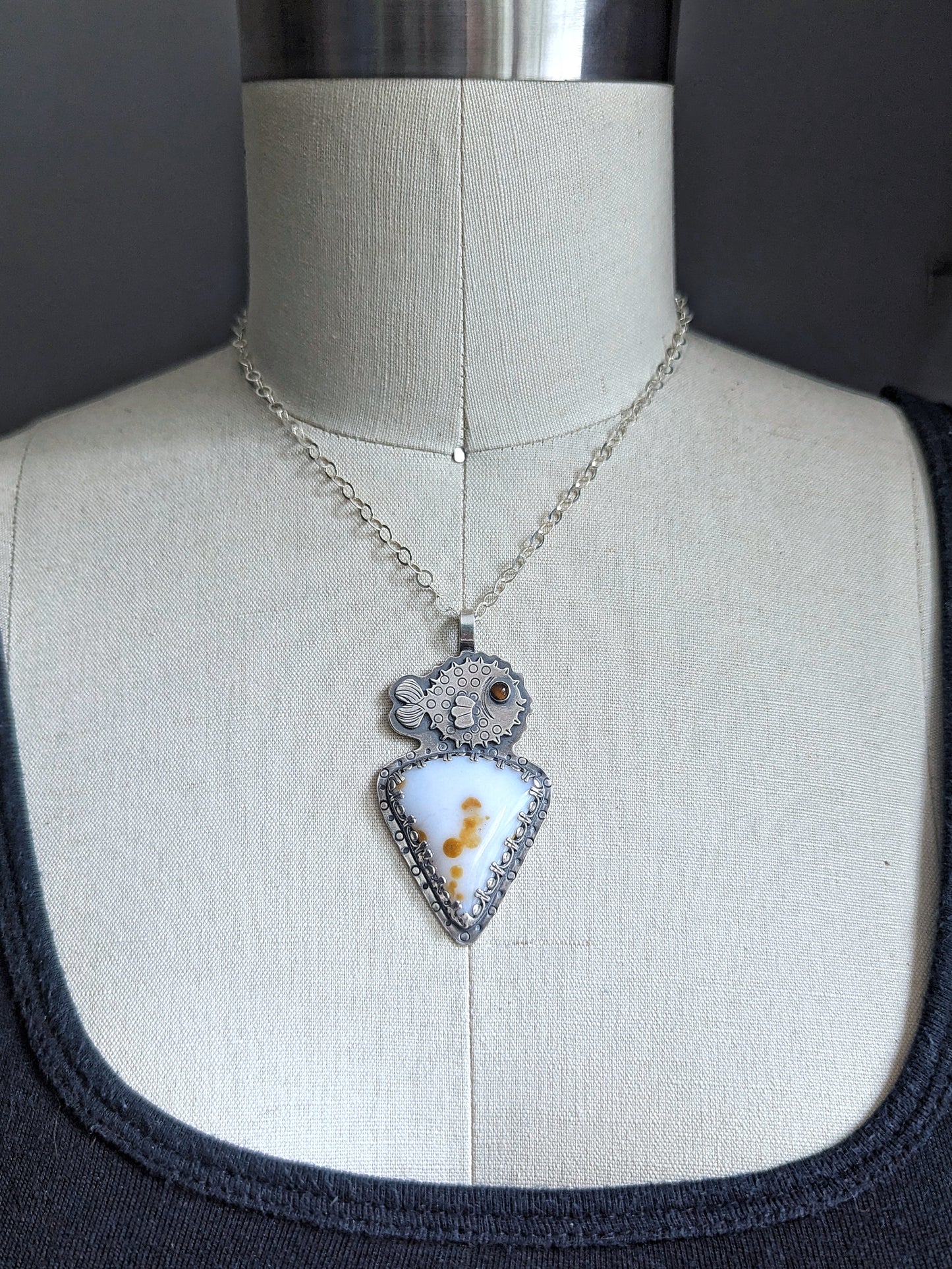 Puffer fish necklace with polka dot agate