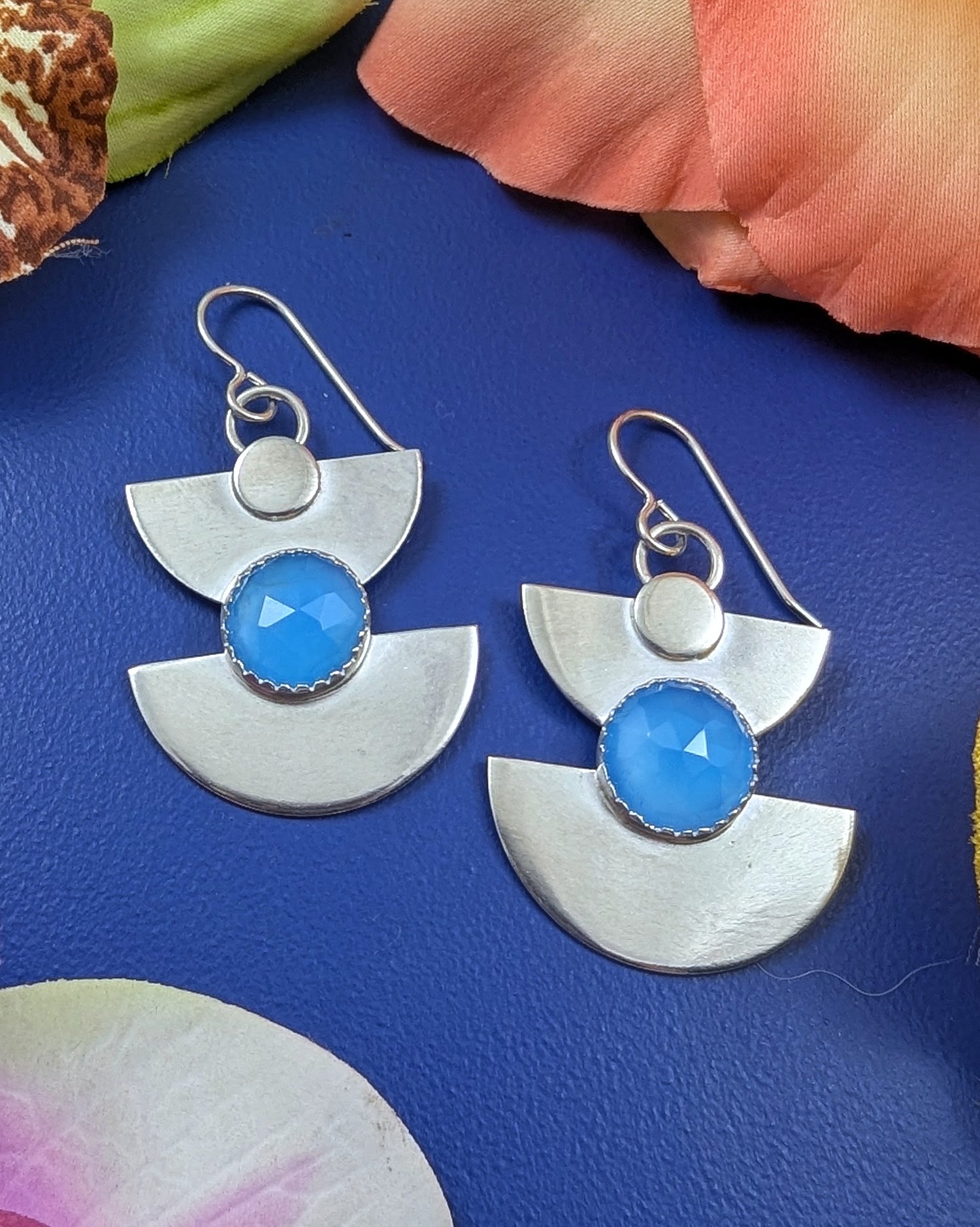 Sterling silver half moon earrings with blue chalcedony