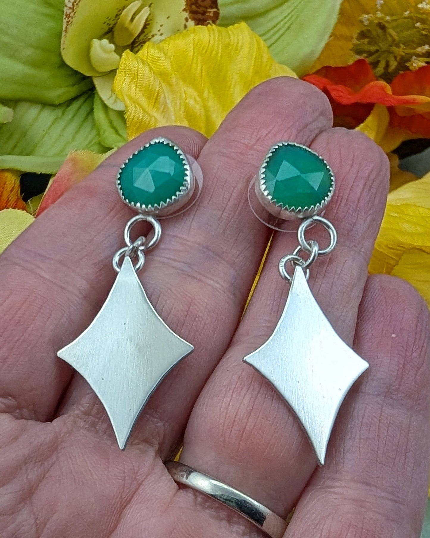 STerling silver retro diamond earrings with green chalcedony stones