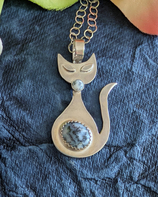 Handmade sterling silver retro cat necklace with black and white dendritic opal stone