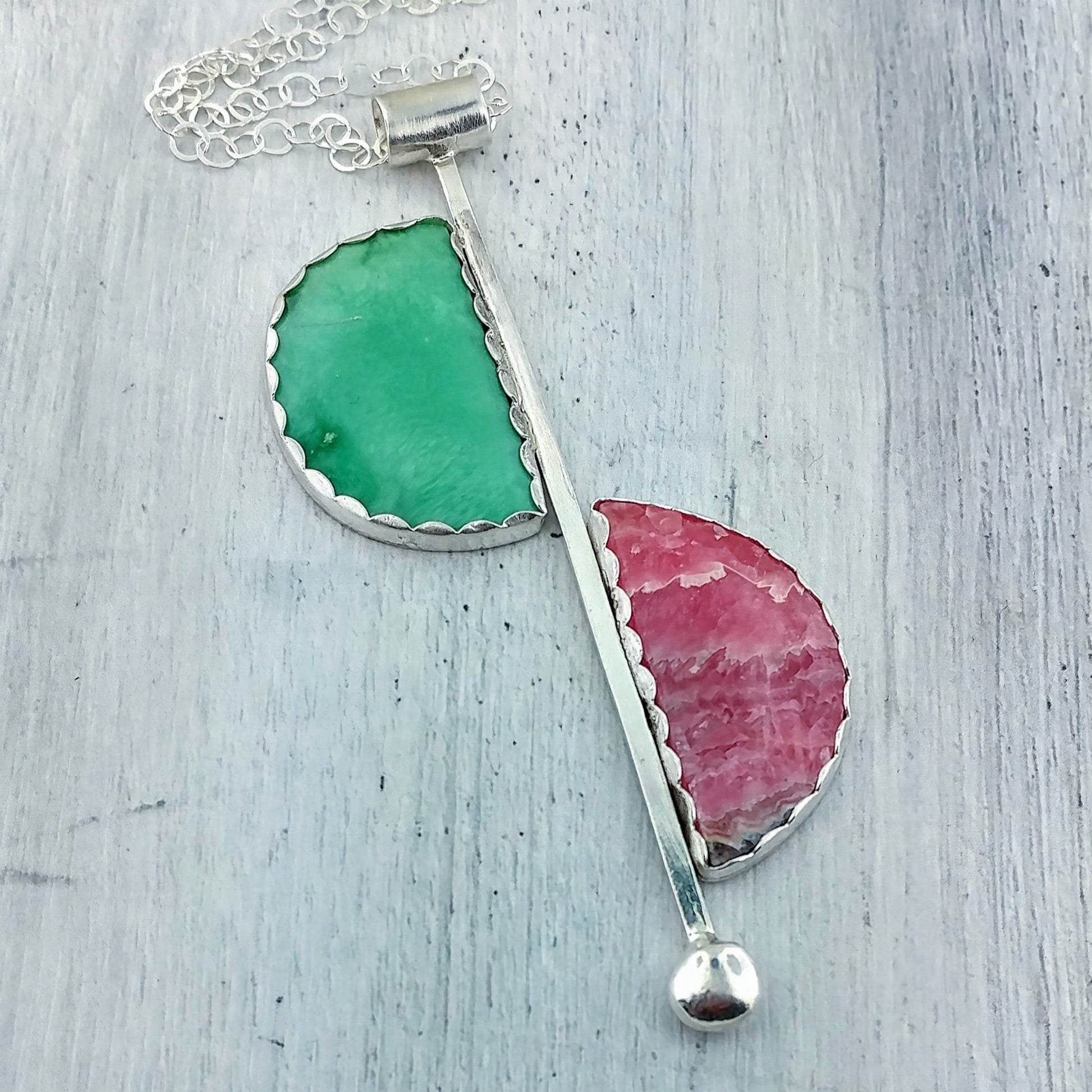 Modernist inspired sterling silver minimalist necklace with variscite and rhodochrosite