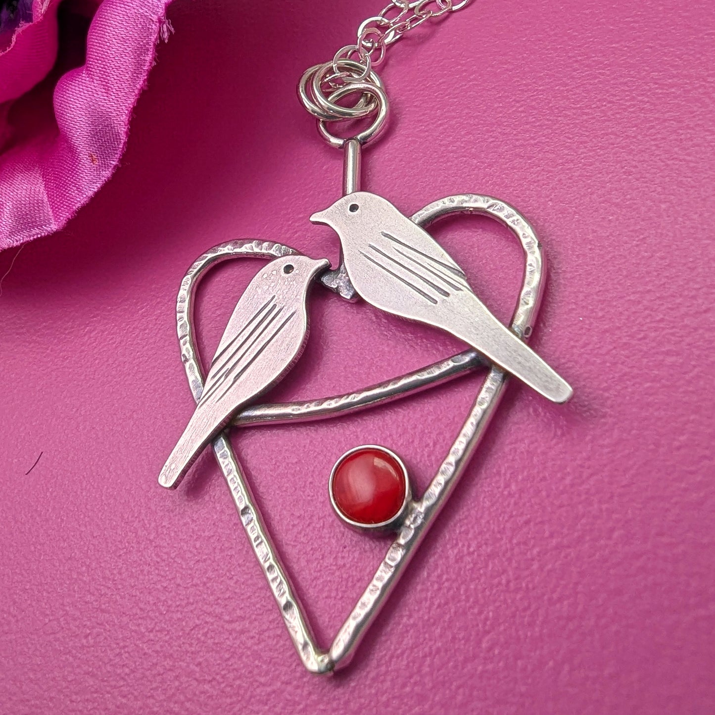 Alternate view of Mid century modern birds handmade in sterling silver in a heart with a coral red stone necklace perfect for an anniversary gift