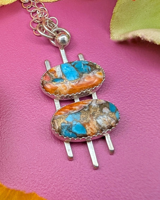 Mid century modern inspired double tiered necklace with turquoise mosaic stone