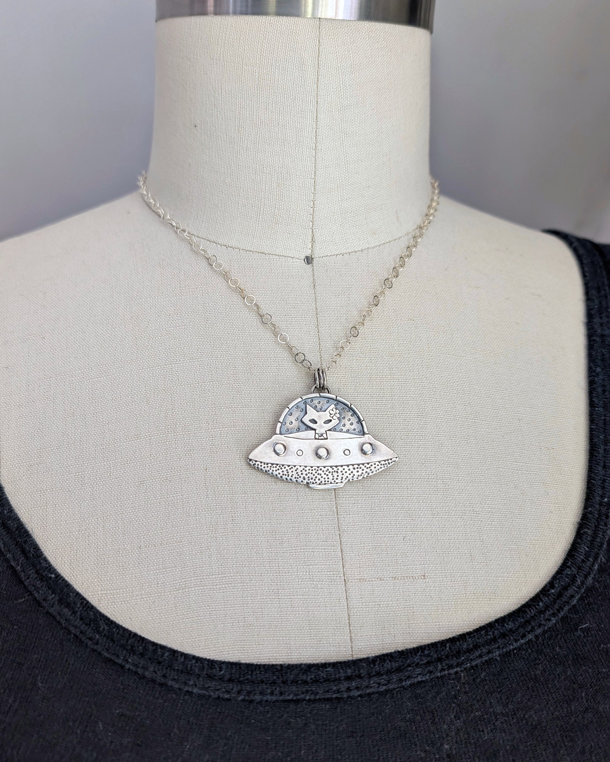 Handmade UFO cat necklace in sterling silver