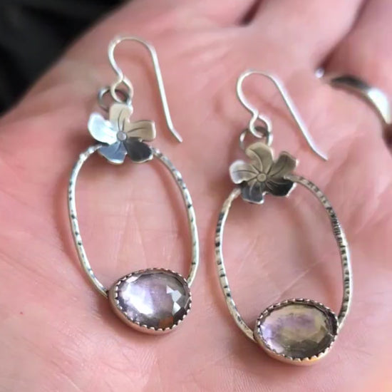 Video of sterling silver flower hoop earrings with ametrine