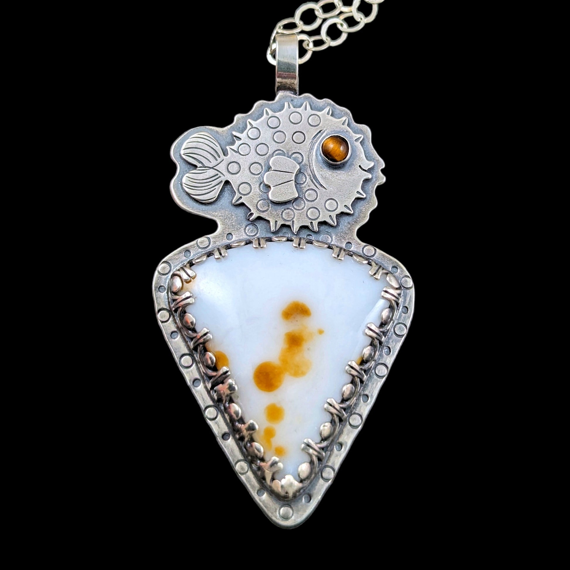 Puffer fish necklace with polka dot agate