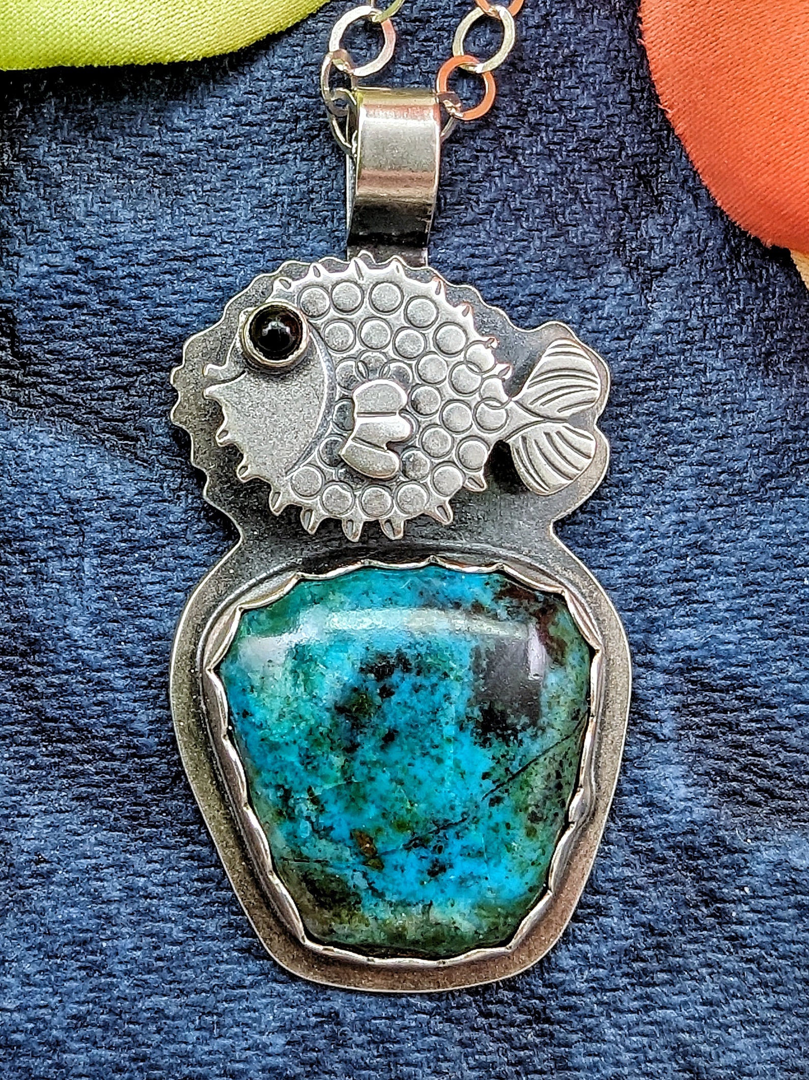 Puffer fish necklace with black onyx eye and chrysocolla cabochon