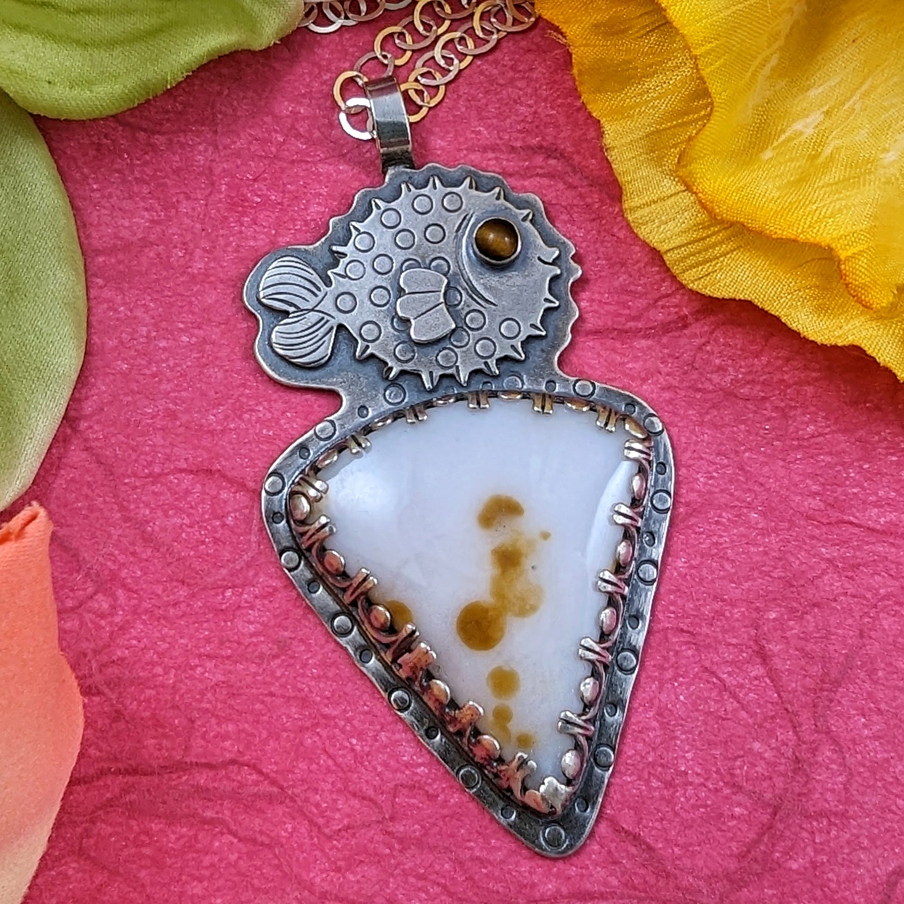 Polka dot agate stone with sterling silver puffer fish on top necklace