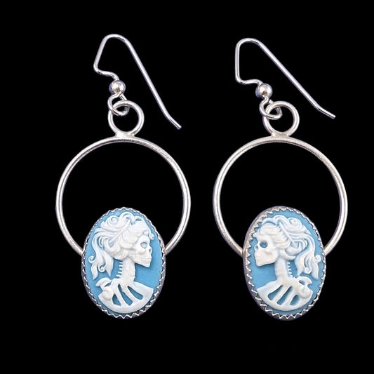 Lady Skull Dangle Earrings - White on Turquoise