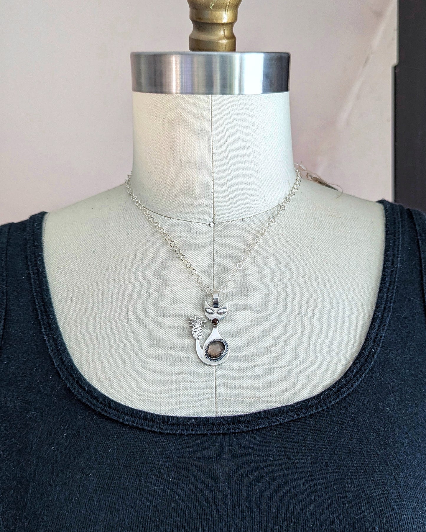 Mid-Mod Cat Necklace with Pineapple Tail - Smoky Quartz