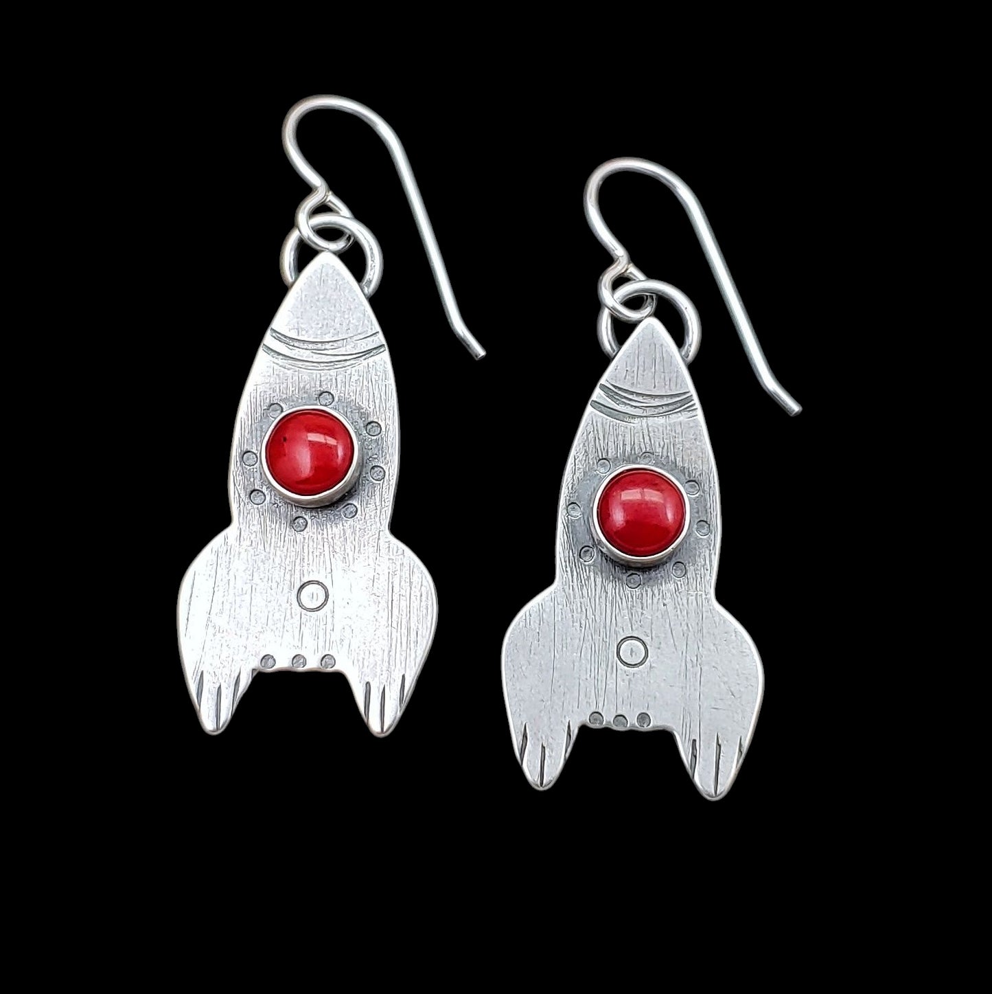 Handmade sterling silver rocket ship earrings with red coral