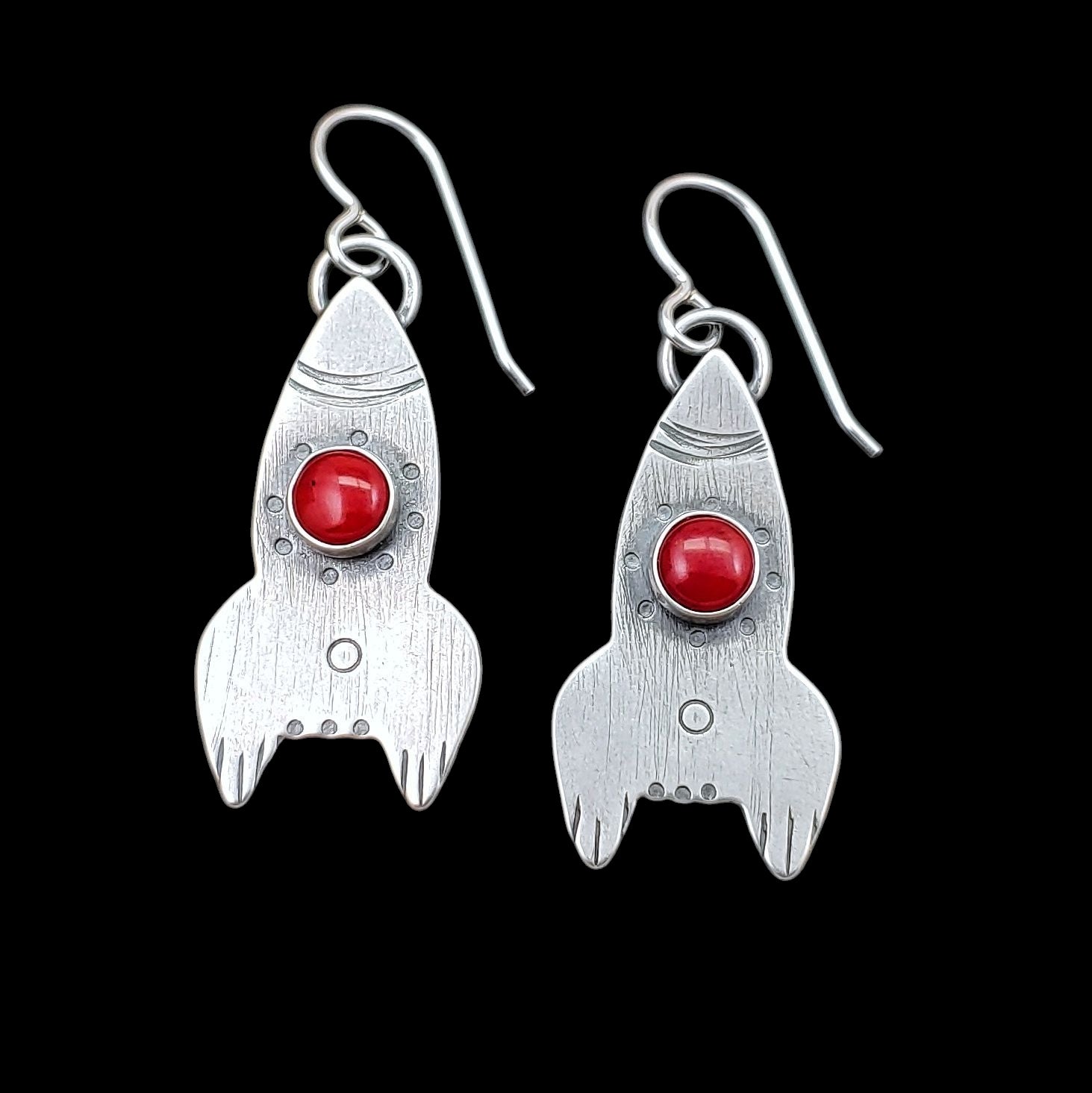 Handmade sterling silver rocket ship earrings with red coral