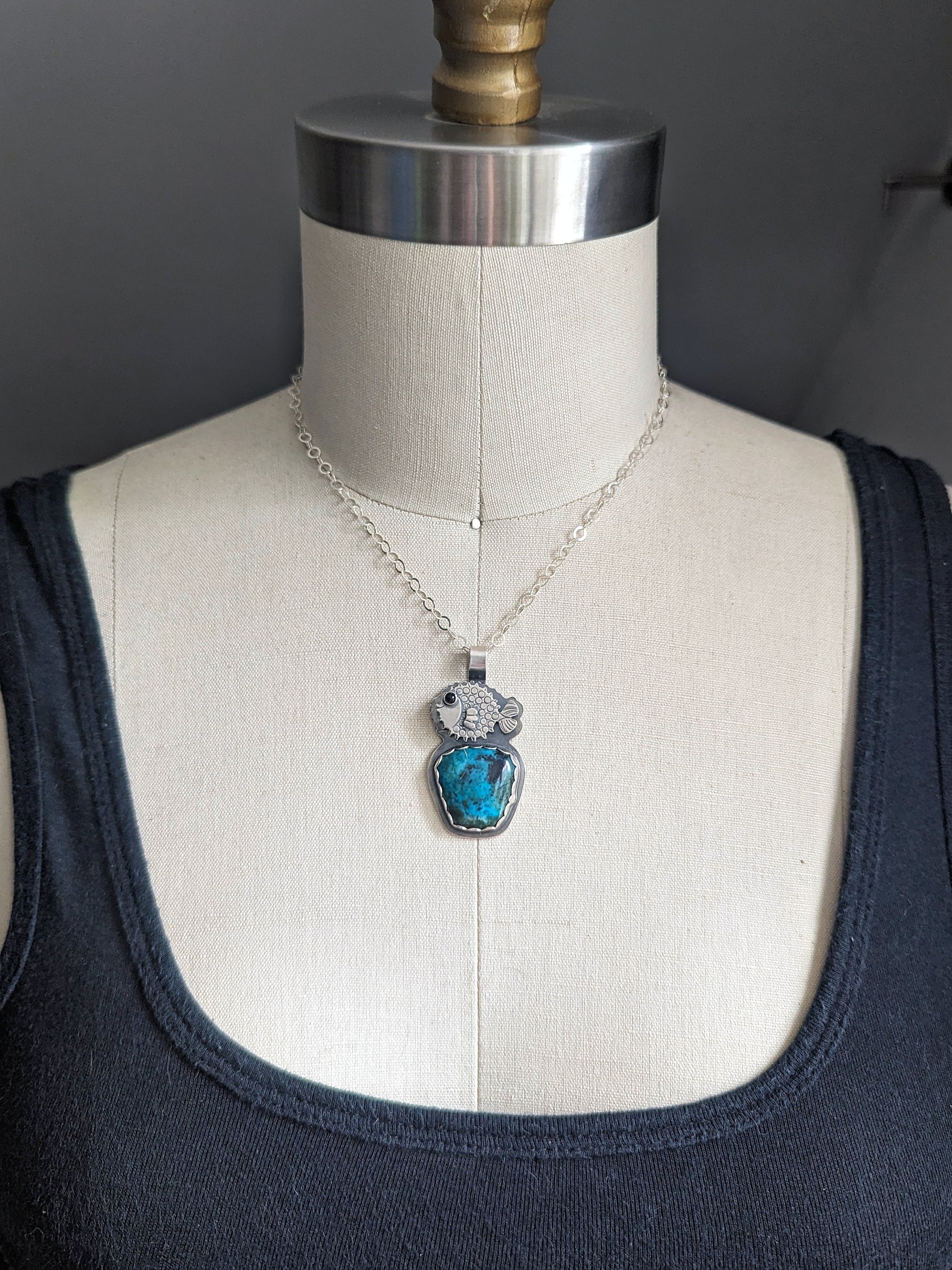 Chrysocolla puffer fish necklace on bust