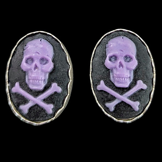 Skull Cameo Post Earrings - Large - Purple on Black