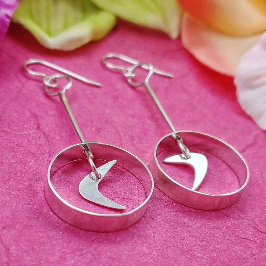 Handmade sterling silver boomerang dangle earrings