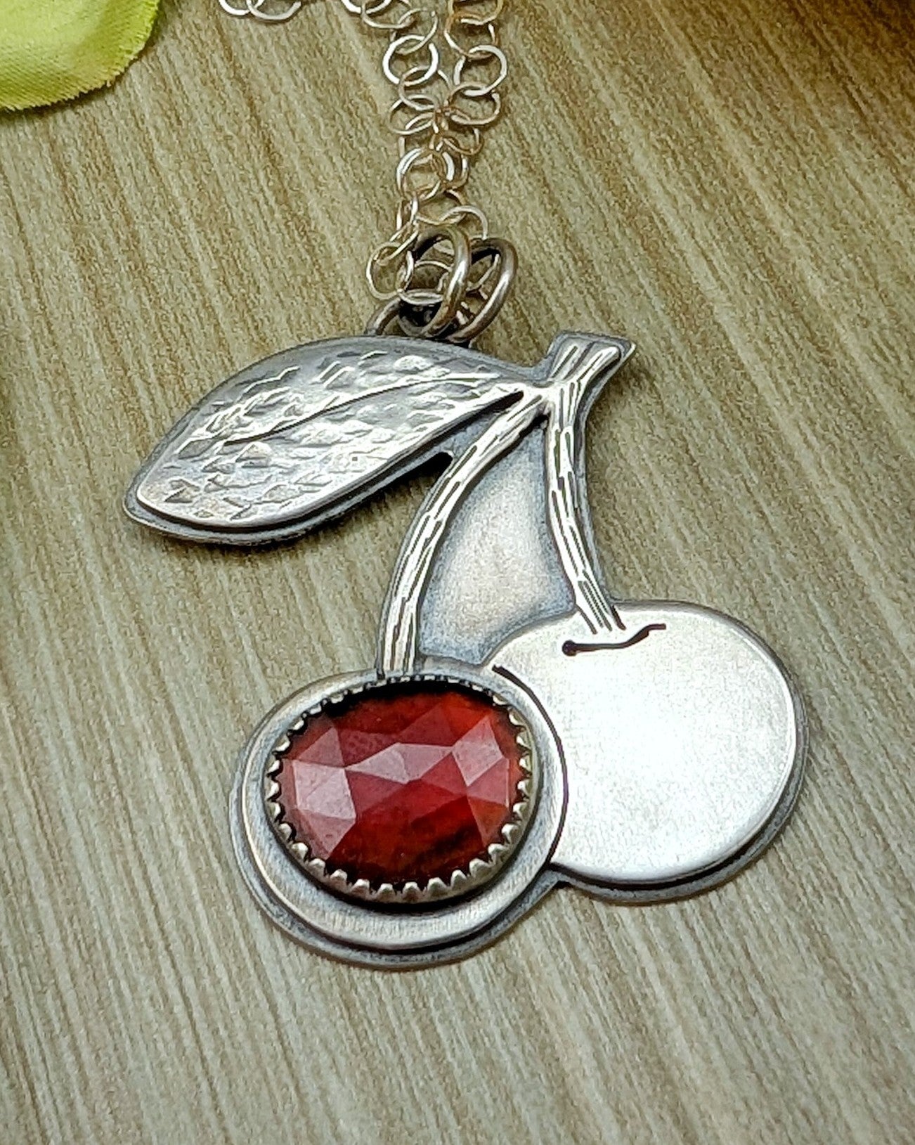 Sterling silver cherries necklace with rosecut red garnet