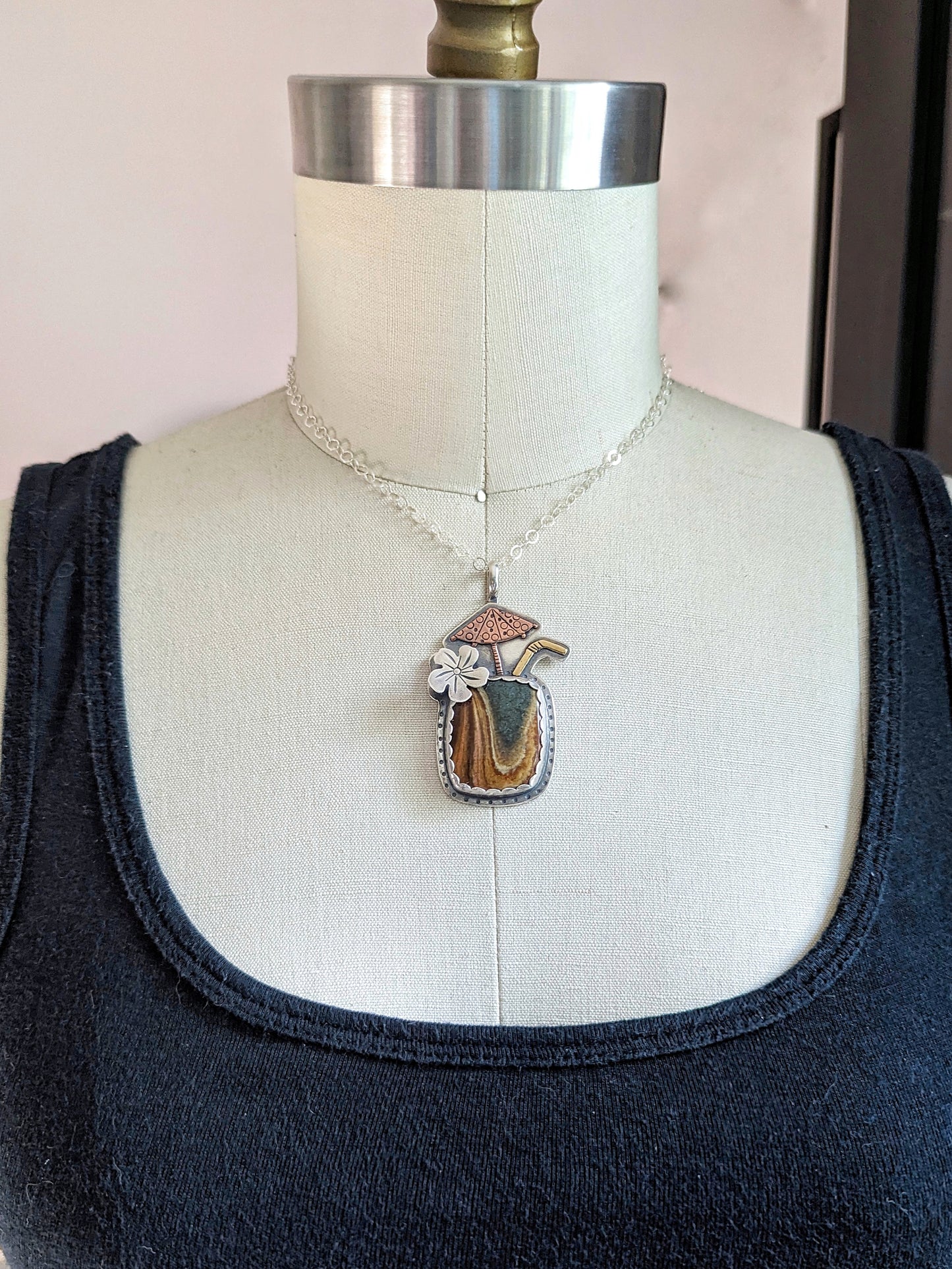 Sterling silver tiki drink necklace with mookaite jasper on a bust