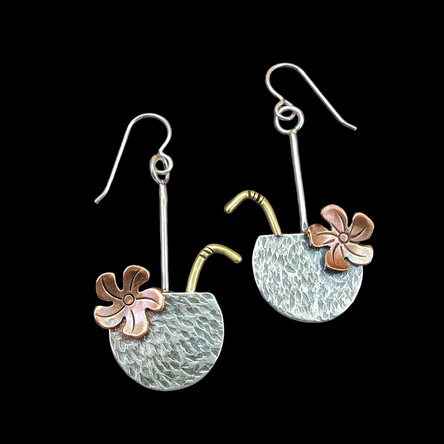 Sterling silver coconut earrings with copper flower and brass straw