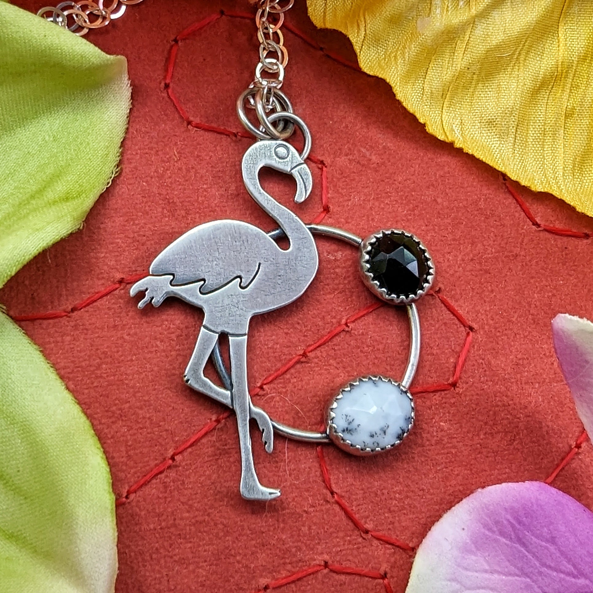 Sterling silver flamingo necklace using rosecut black and white stones