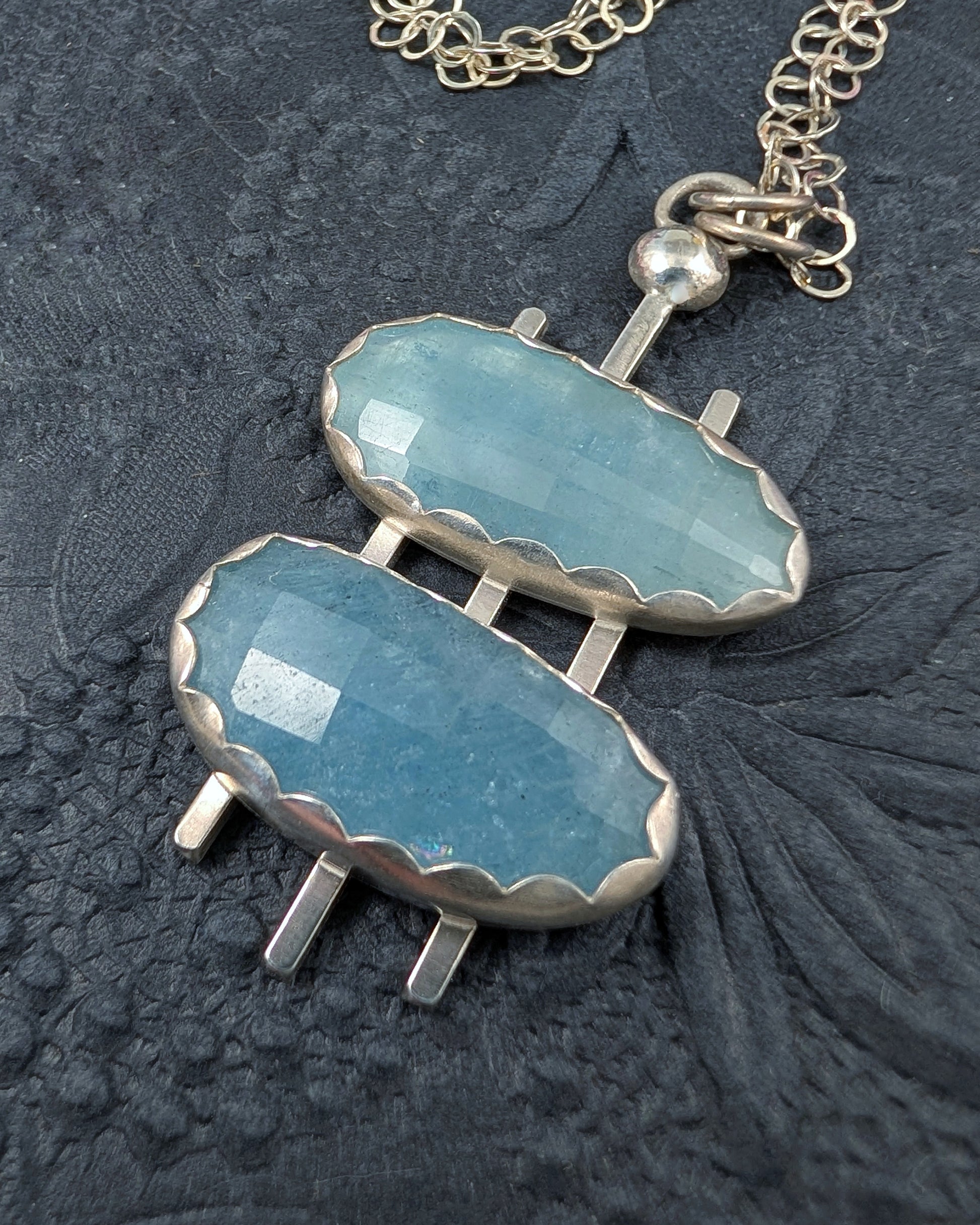 Double decker oval necklace in sterling silver with rosecut aquamarine stones