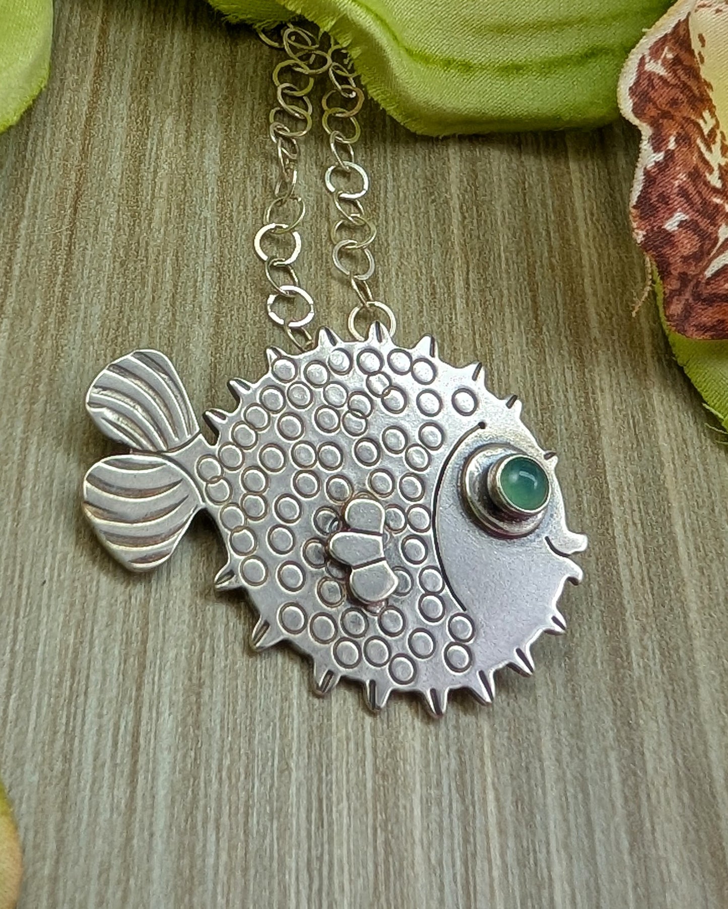 Sterling silver puffer fish necklace with chrysoprase eye