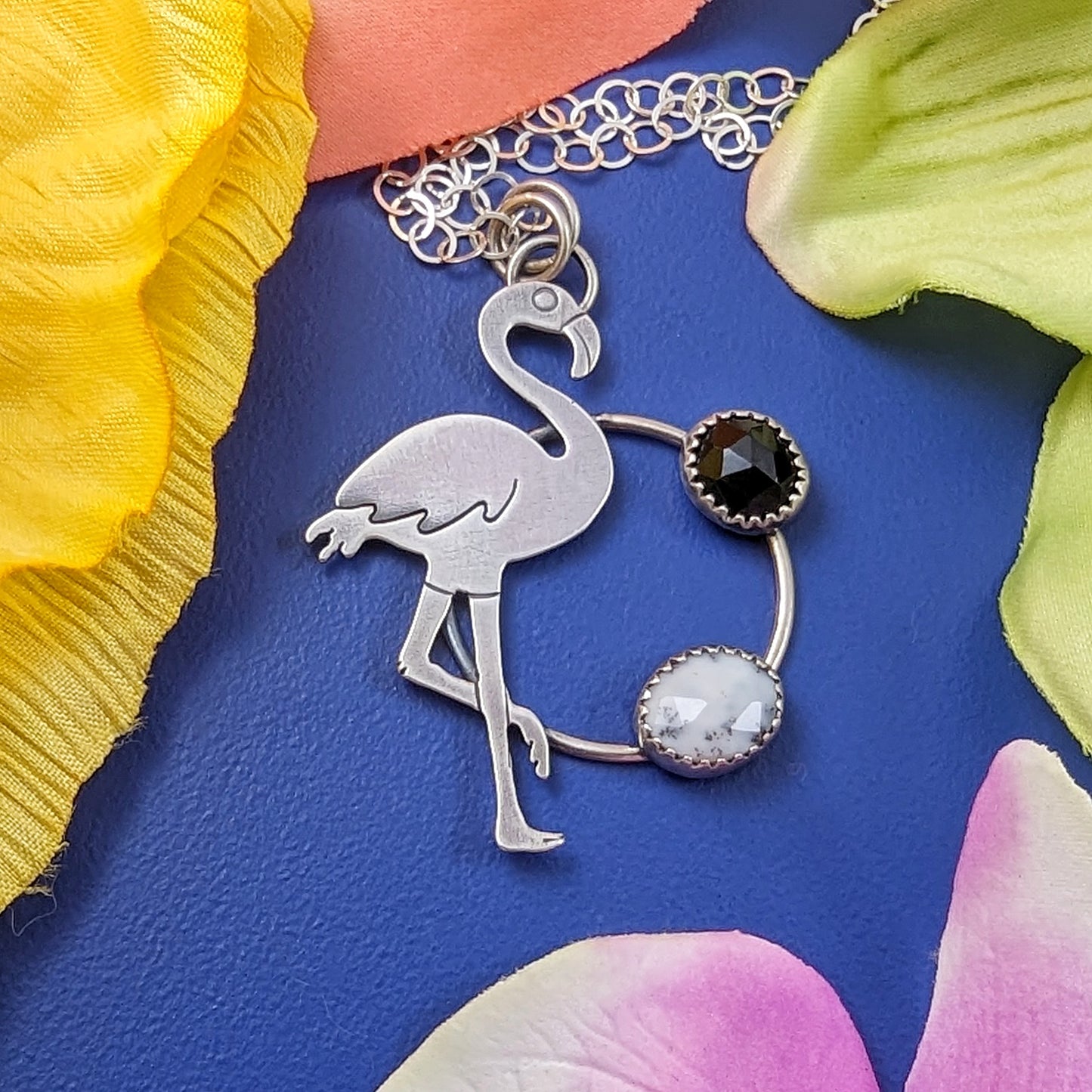 Sterling silver flamingo necklace with dendritic opal and onyx