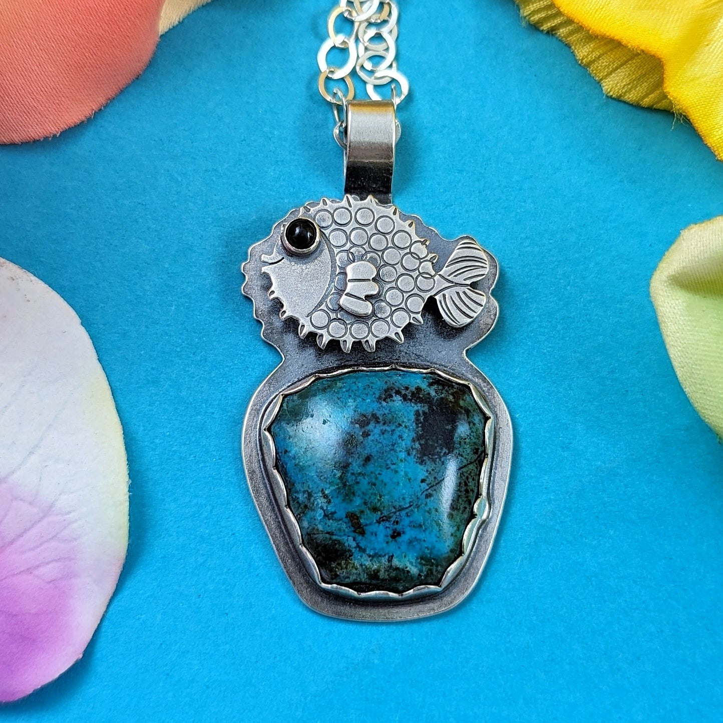 Sterling silver puffer fish with chrysocolla and black onyx eye