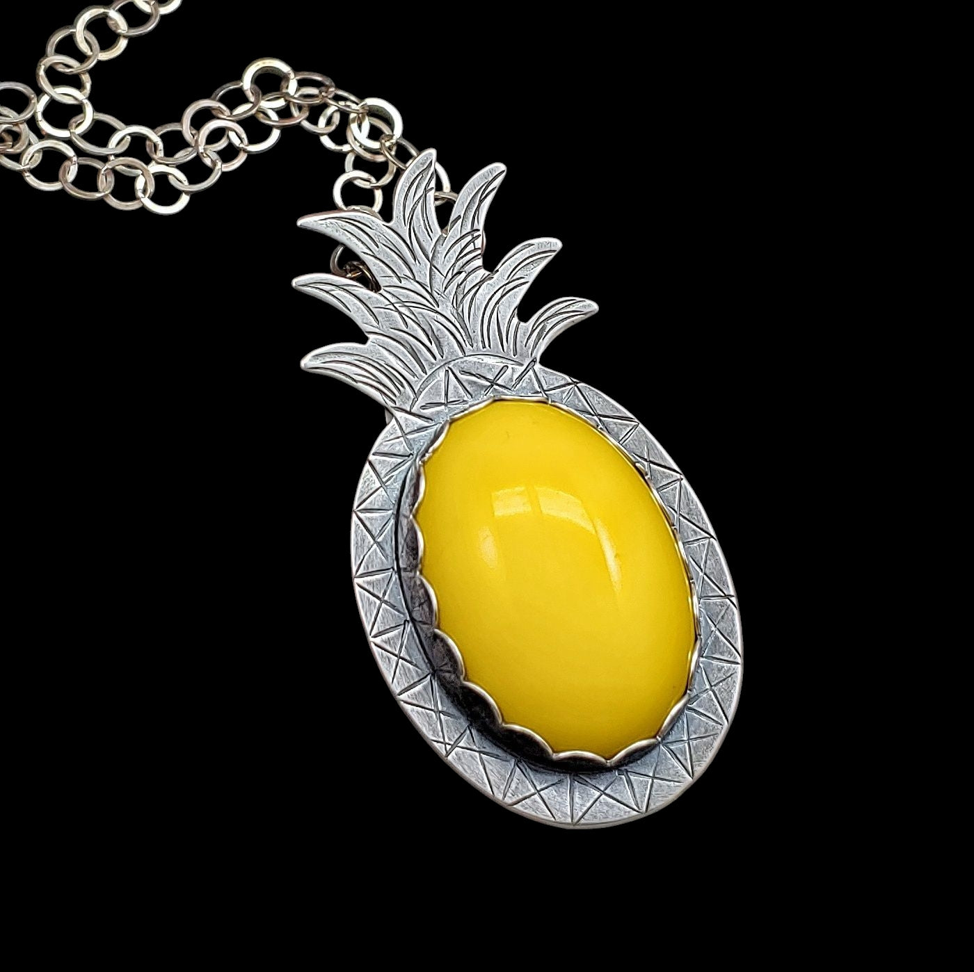 Handmade sterling silver pineapple necklace with yellow stone perfect for matching with Tiki outfits