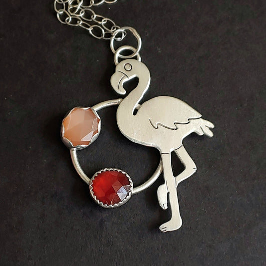 Flamingo with Garnet and Peach Moonstone