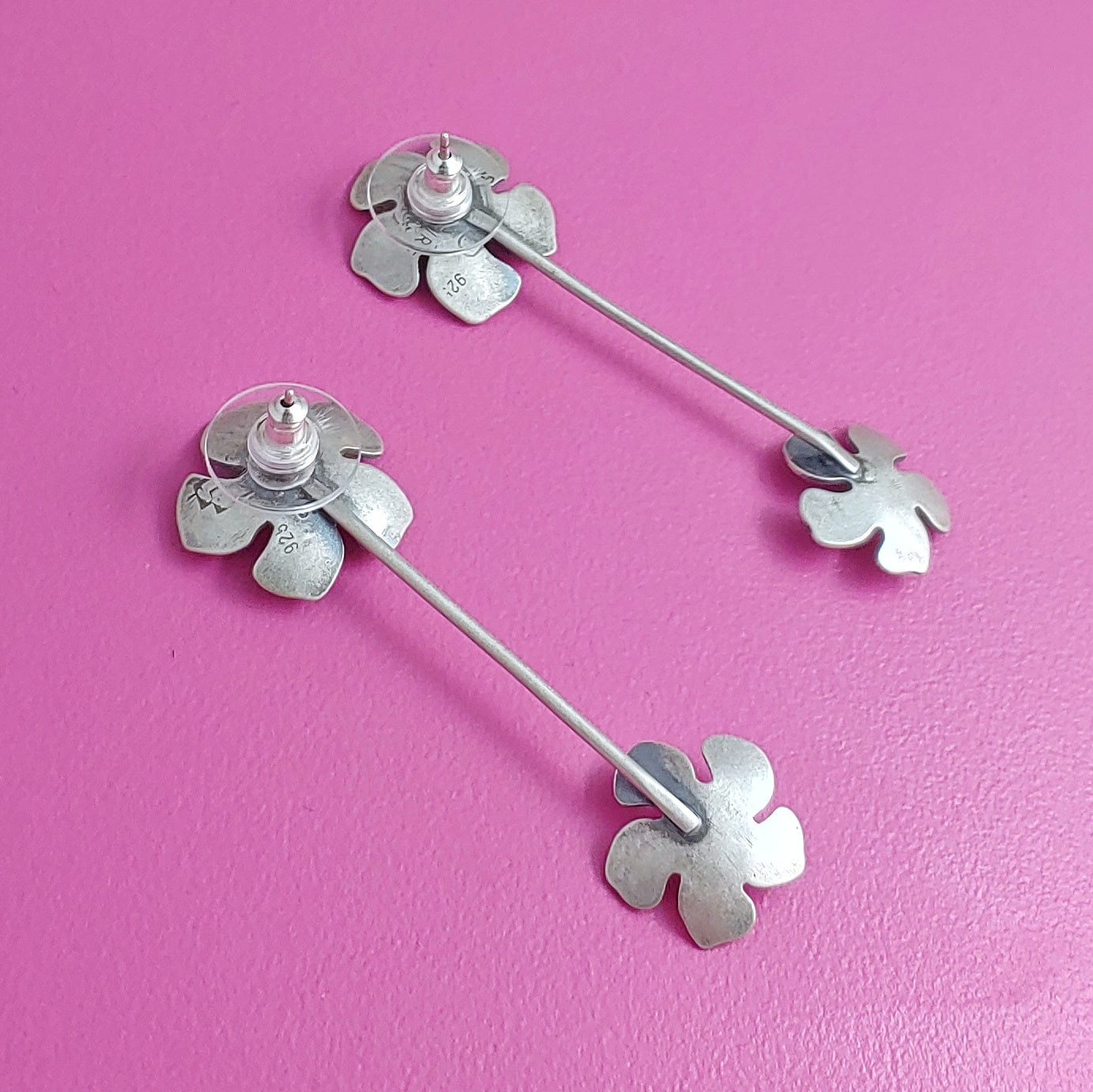 Sterling Silver Double Flower Dangle Earrings