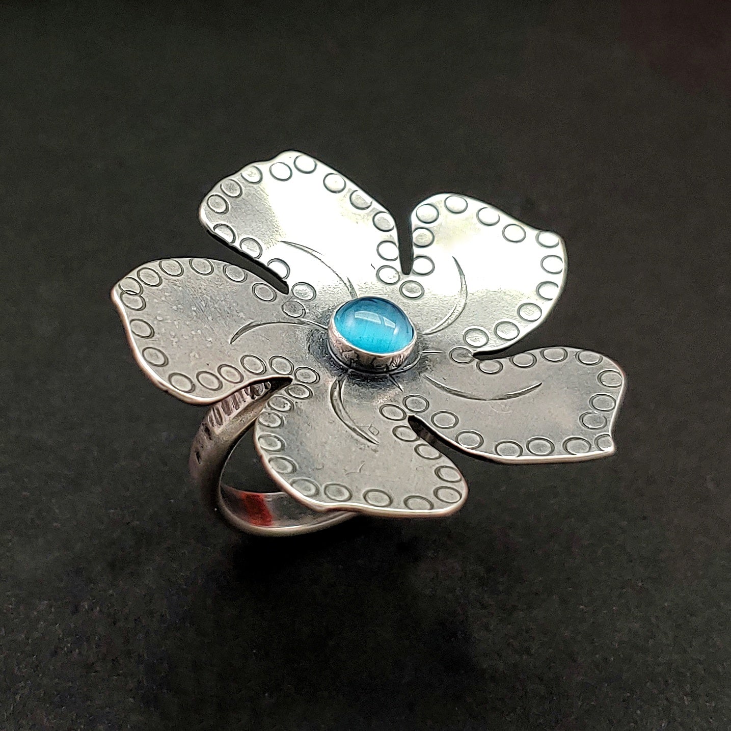 Large Handstamped Flower Ring with Gemstone