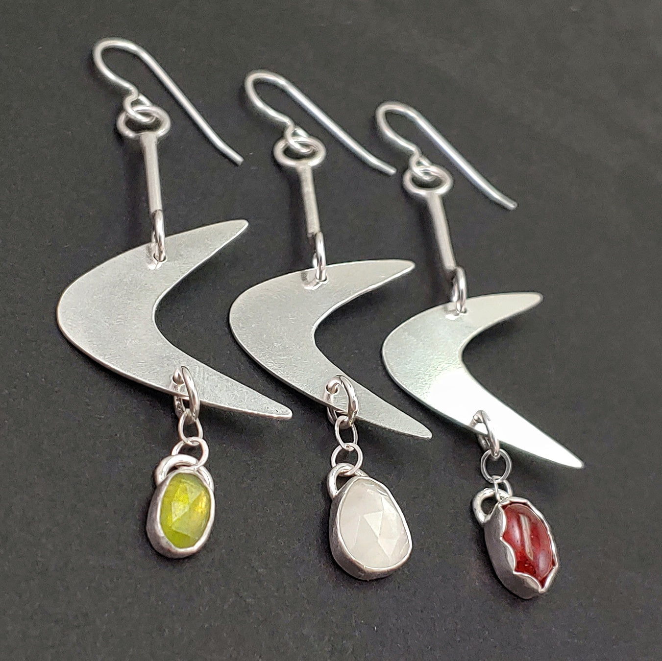 Sterling Silver Boomerang Earrings with Moonstone