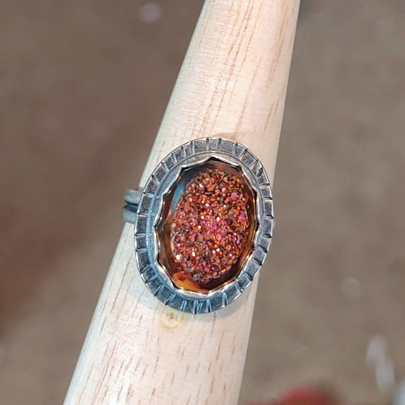 Orange and Pink Druzy Sterling Silver Ring