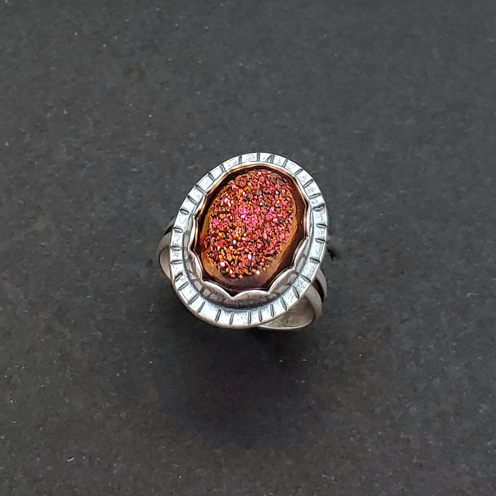 Orange and Pink Druzy Sterling Silver Ring